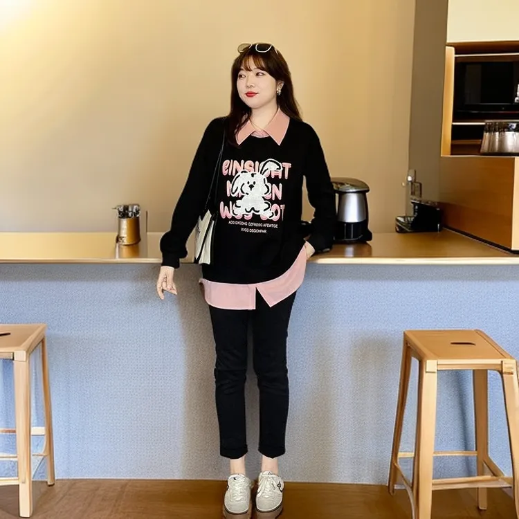 胖mm大码女装显瘦遮肚上衣外套秋季新款假两件学院风绣花卫衣外穿