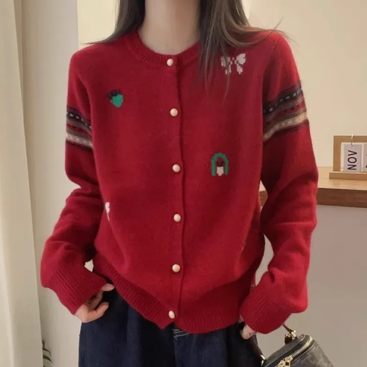 春日伴侣-碟恋花！春季新款时尚百搭提花针织长袖开衫8986