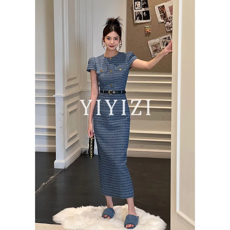 依依子【花海幽蓝】蓝色牛仔连衣裙女夏季长裙2025年新款时尚裙子潮