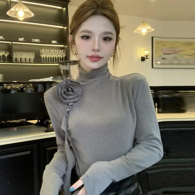 半高领花朵打底衫女秋冬高级感2024新款黑色修身长袖T恤内搭上衣