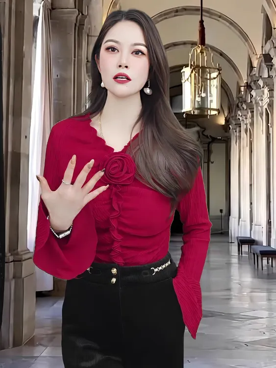 喇叭袖花朵盘花衬衫2023新款荷叶边衬衫褶皱时尚打底洋气百搭上衣