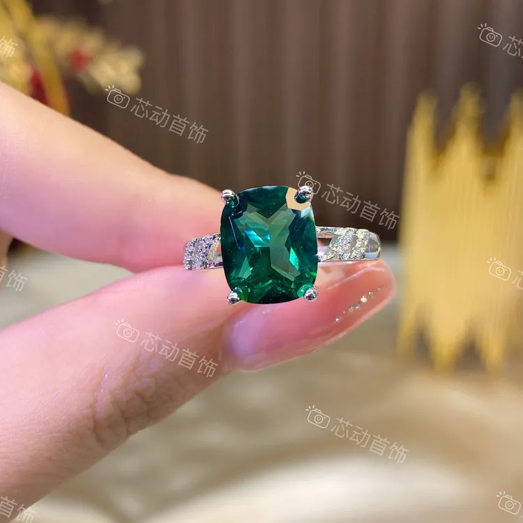 新品戒指【绿生花】9×11mm长方形人工宝祖绿色镶嵌气质k3245