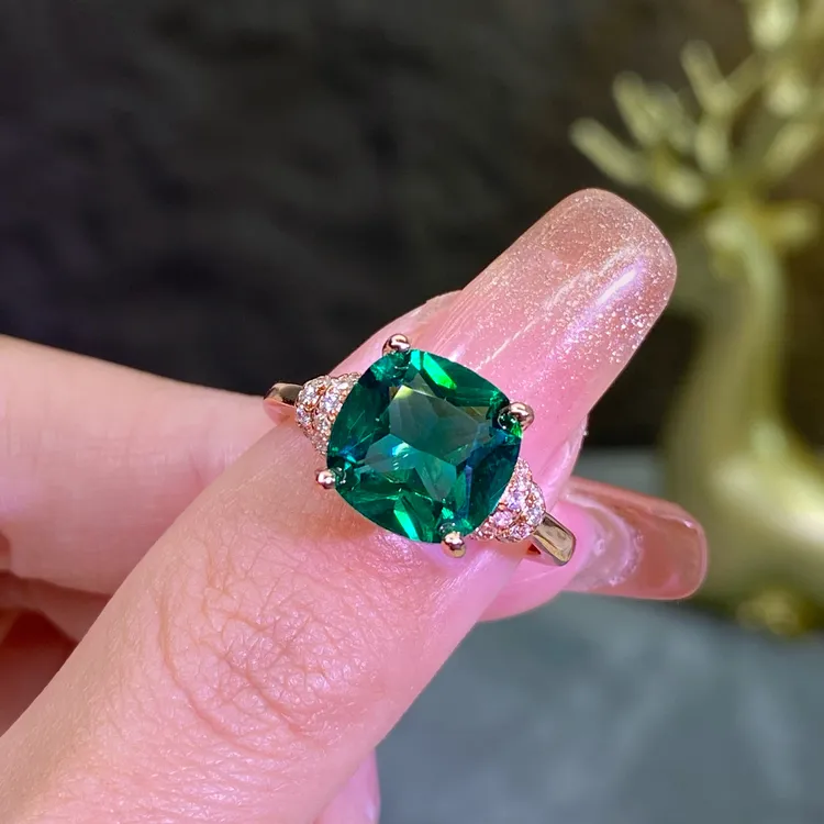 新品祖绿戒指【春华】 10×10mm人工宝绿色轻奢简约镶嵌高级k4199