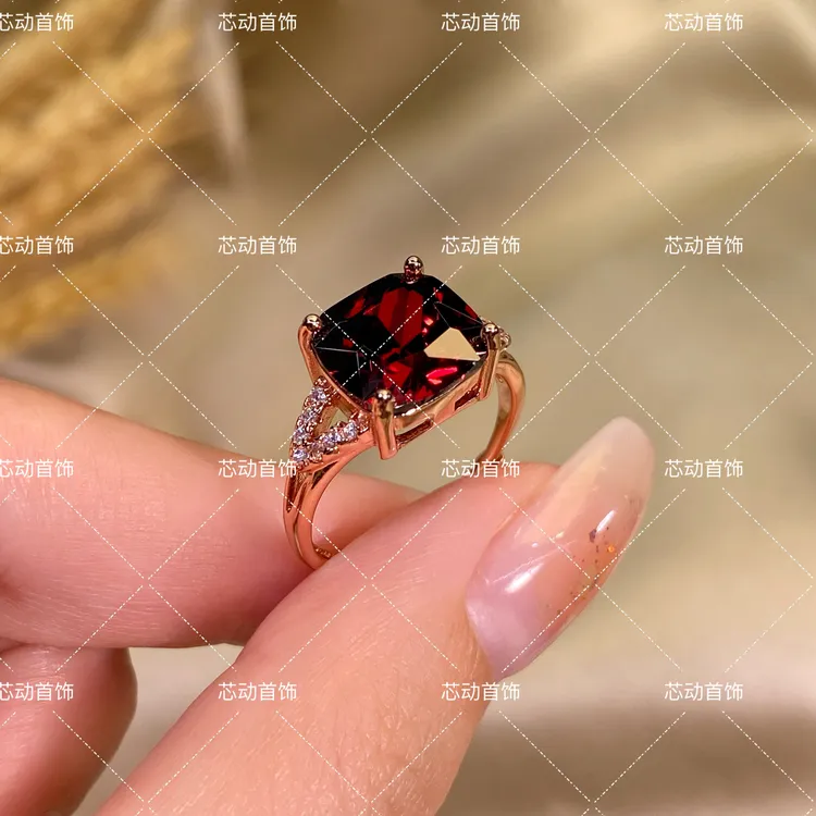 新品戒指【双禧2】10×10方形石榴红镶嵌轻奢气质红色精致时尚k1312
