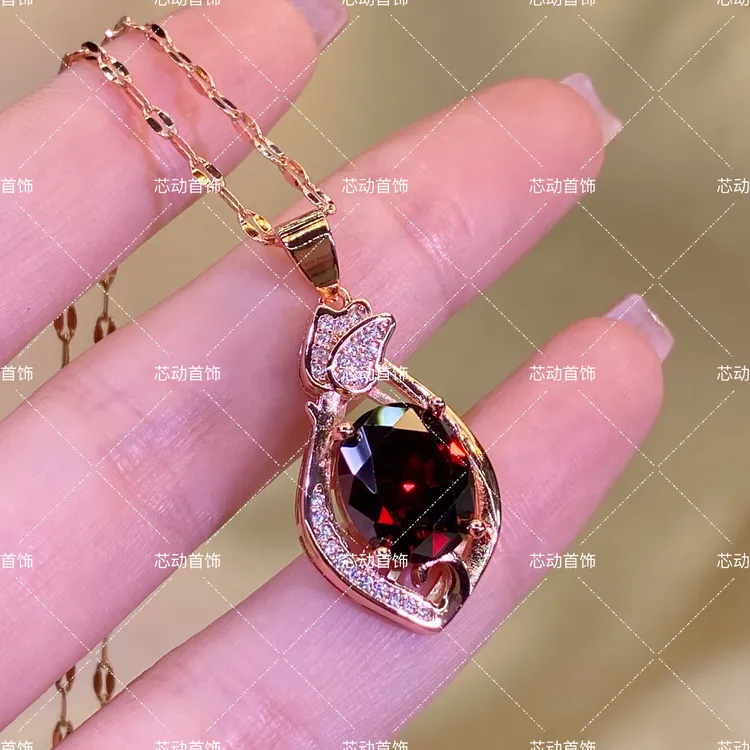 新品时尚吊坠【添福】 10×12mm人工宝红石榴轻奢项链送链子k3143