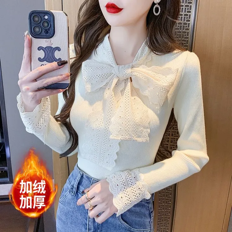 法式气质蕾丝蝴蝶结内搭针织衫女冬季黑色短款修身加绒打底衫上衣