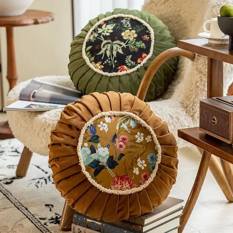 沙发抱枕丝绒法式轻奢圆盘腰靠枕创意褶皱圆形高级感复古床头靠垫