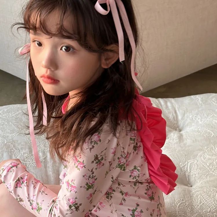 【盼兮妈妈专属】女童公主长袖夏季防晒碎花韩系泳衣洋气甜美女孩