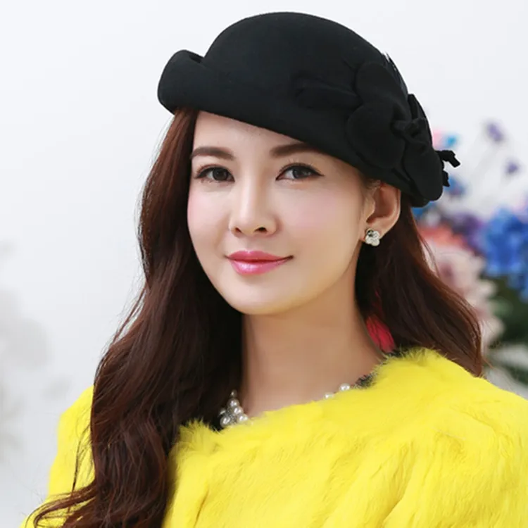 断色帽子女秋冬季花朵羊毛呢复古英伦风百搭空姐帽女贝雷帽毛毡帽