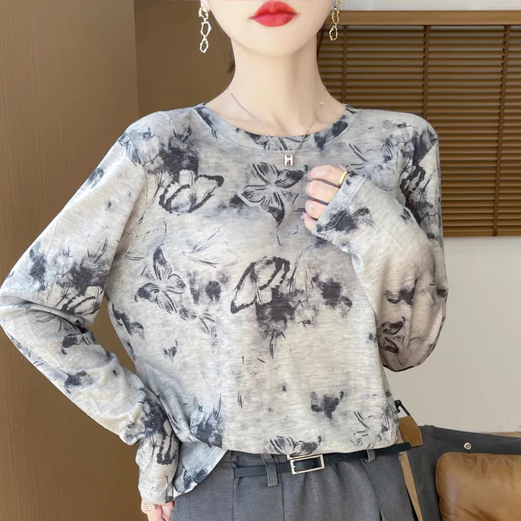 薄款莱赛尔天丝棉舒适打底上衣印花长袖圆领内搭百搭老钱风女装