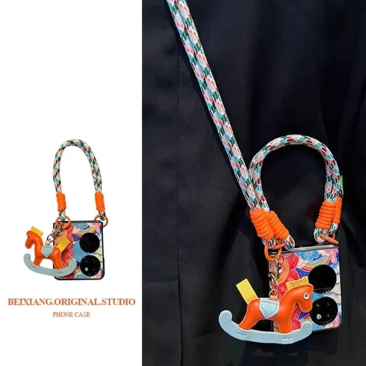 涂鸦彩虹太阳小木马挂饰适用华为pocket2手机壳zflip5折叠p50挂绳