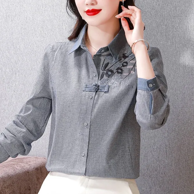 格子棉麻刺绣衬衫女秋季2025年新款国风盘扣衬衣洋气妈妈修身上衣