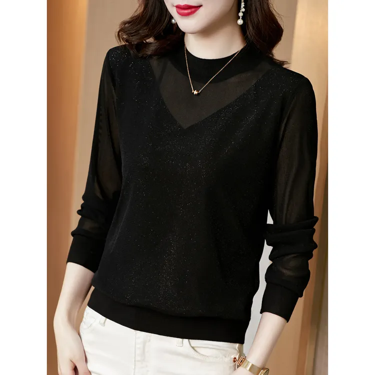 半高领亮丝网纱打底衫女士宽松遮肚显瘦亮丝小衫长袖T恤蕾丝上衣