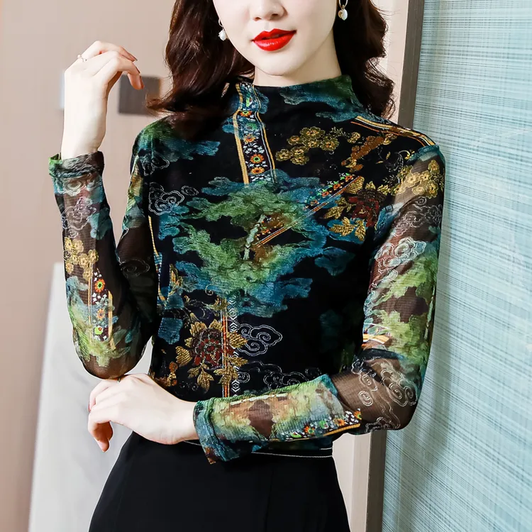 春秋季修身复古长袖网纱T恤女立领新款印花弹力收腰小衫妈妈上衣