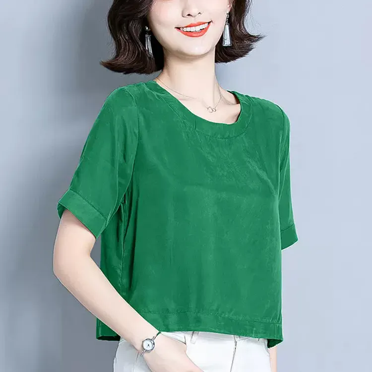洋气短袖铜氨丝上衣女士2025夏装新款大码宽松t恤小衫纯色打底衫