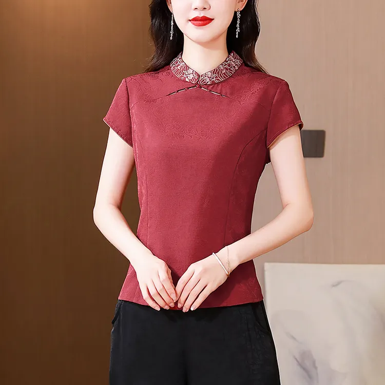 新中式国风短袖衬衫女2025夏装新款时尚提花小衫妈妈修身气质上衣