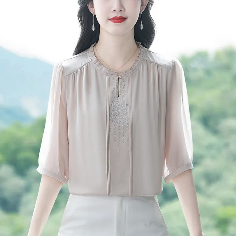 法式雪纺衬衫女刺绣小衫夏季新款妈妈夏装宽松显瘦衬衣七分袖上衣