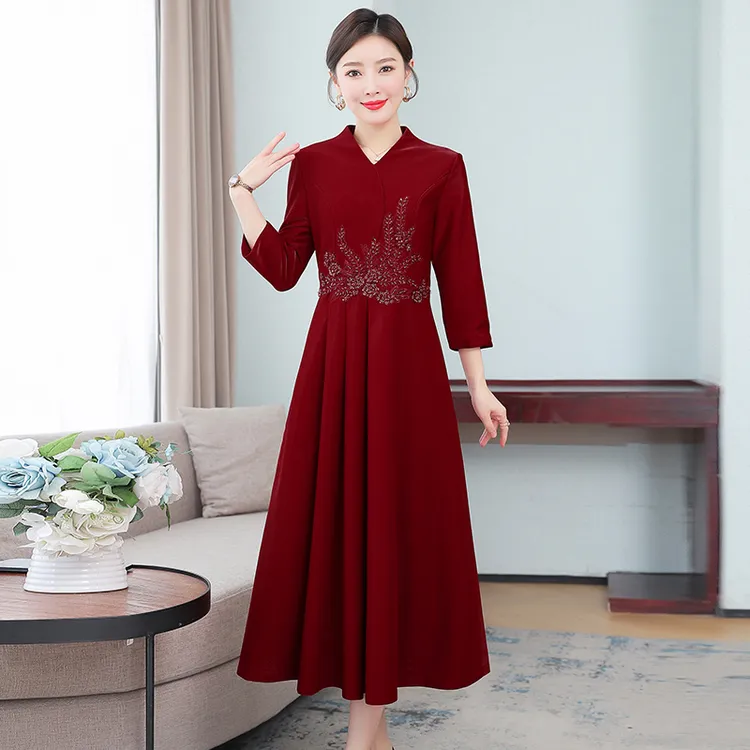 喜婆婆婚宴装长袖连衣裙春秋季婚礼裙子结婚妈妈礼服年轻秋冬装