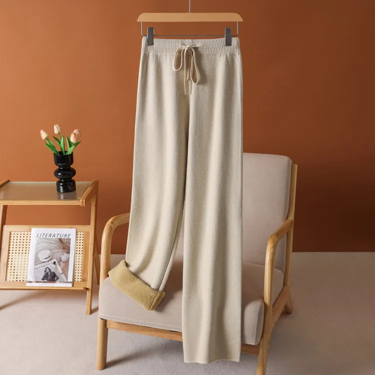 【加厚加绒】羊绒阔腿裤秋冬女高腰垂感加厚针织直筒裤休闲外穿裤