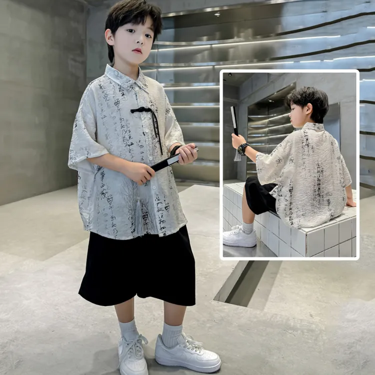 新中式男童衬衫短袖夏装套装2025新款儿童中大童夏季汉服男孩国风