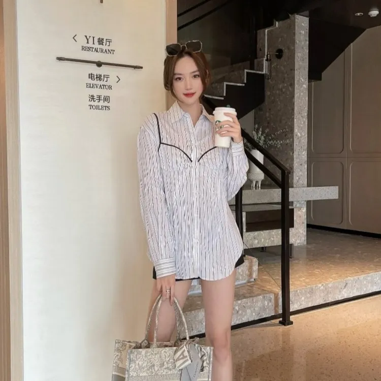 条纹衬衫 宽松长袖 时尚百搭 春夏网红 小众法式 2023防晒女装