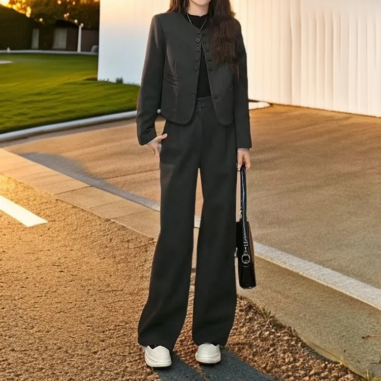高级感显瘦夹棉毛呢外套阔腿裤两件套2025春秋季新款遮肉减龄套装