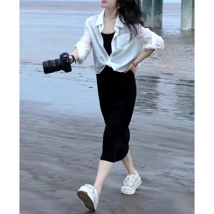 时尚休闲韩版气质显瘦吊带裙两件套女2025新款夏季胖妹妹遮肉套装