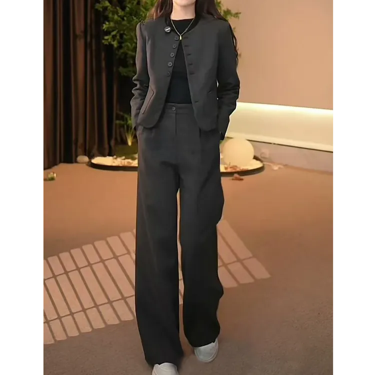 时尚休闲百搭显瘦夹棉外套阔腿裤两件套2024新款冬季遮肉减龄套装