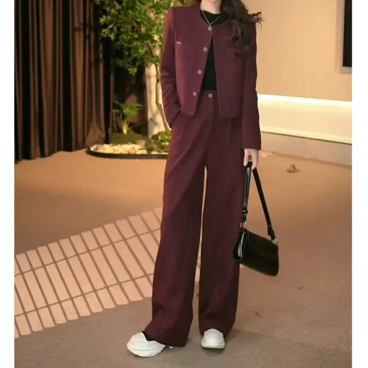 冬季小香风百搭显瘦圣诞过年安可拉红夹棉外套直筒裤2025新款套装