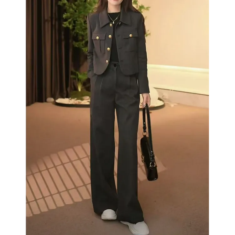 轻熟夹棉外套套装2024秋冬季新款穿搭轻奢高级感外套阔腿裤两件套