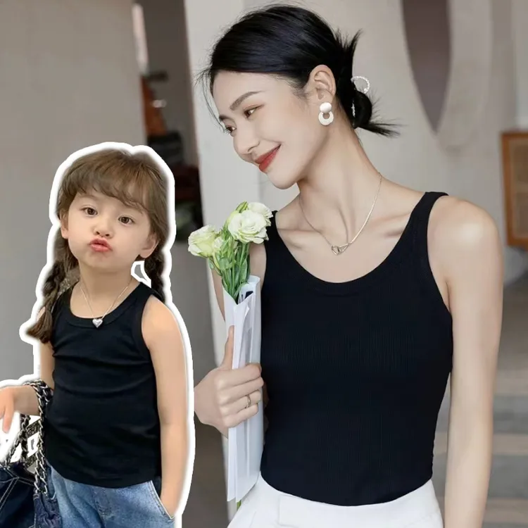 蒙仕奴儿童夏季螺纹棉背心男童女童纯色百搭圆领亲子款无袖背心