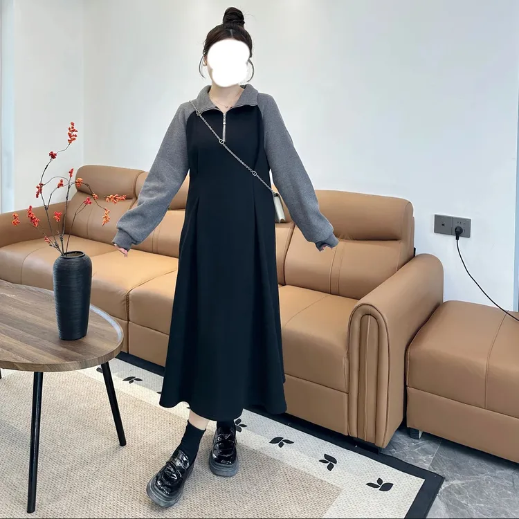 2025秋冬上新胖MM时尚翻领长袖高级感长款拼接连衣裙女