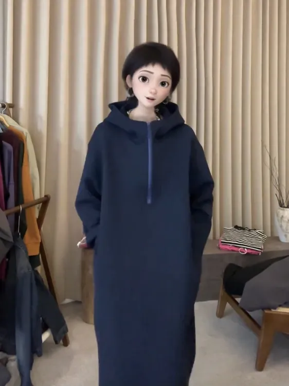 大版连帽半开领长袖连衣裙女秋冬装新款宽松遮肉卫衣裙