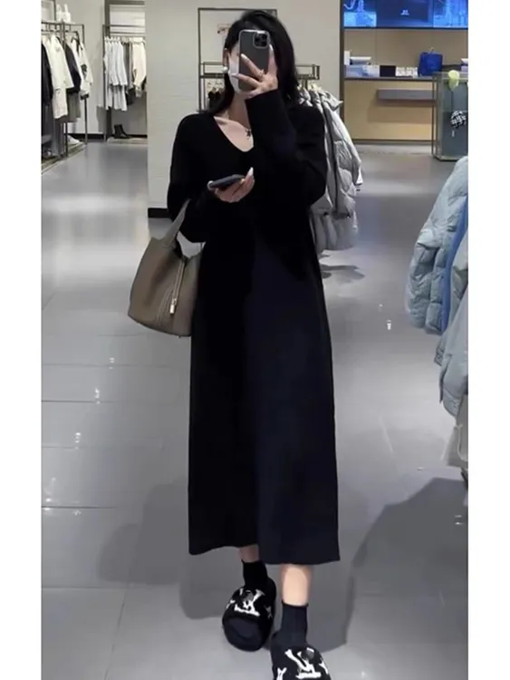 大码胖mm过膝加厚内搭针织毛衣裙女秋冬显瘦百搭连衣裙