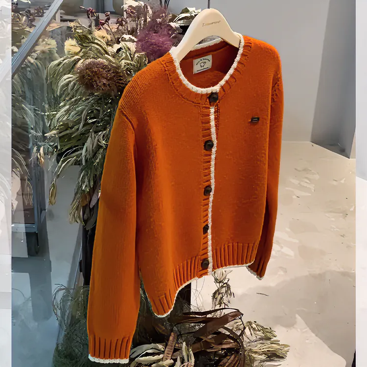 日系复古橘色圆领针织开衫外套女秋冬加厚毛衣外穿宽松短款上衣