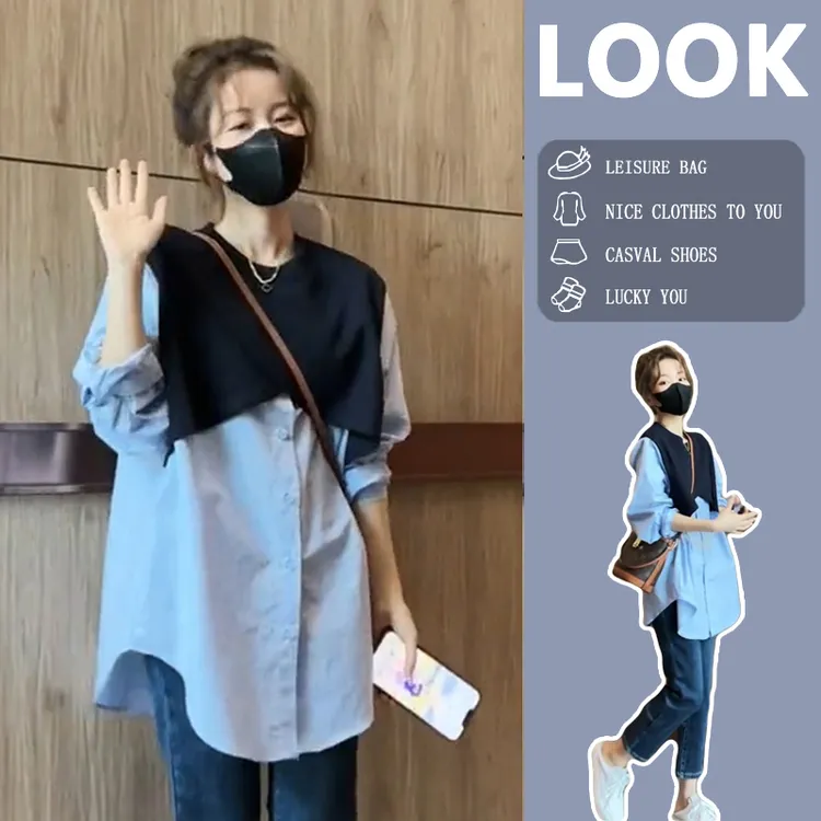 孕妇装2024秋季新款韩版假两件宽松显瘦上衣辣妈外出哺乳装月子服