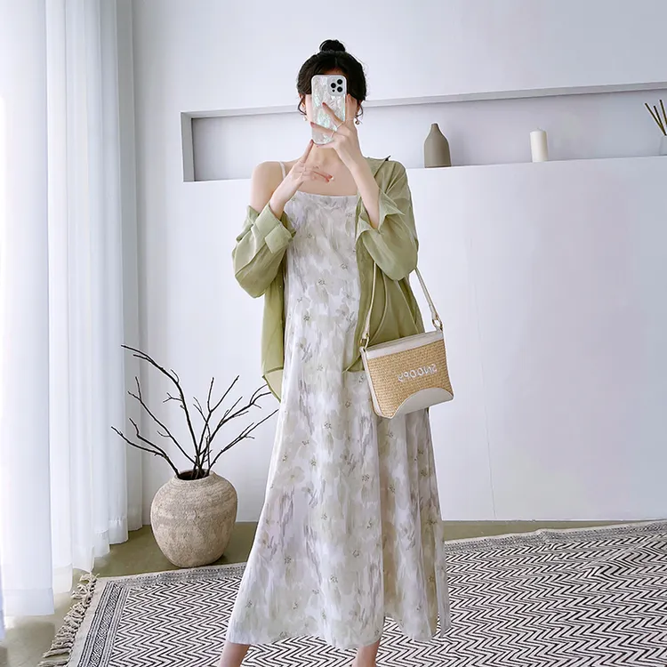 显瘦孕妇春夏连衣裙套装 防晒衬衣+雪纺裙两件套长袖时尚国风