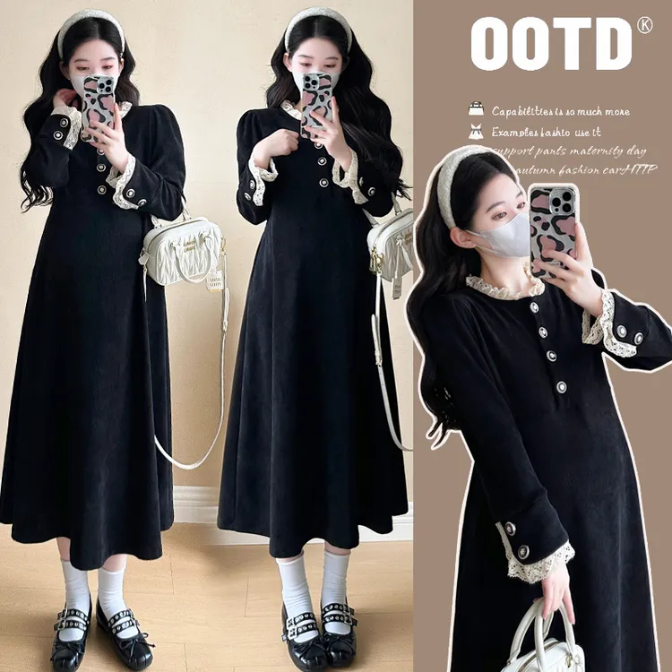 显瘦气质洋气针织时尚孕妇秋冬装欧棉绒连衣裙2024新款长款小黑裙