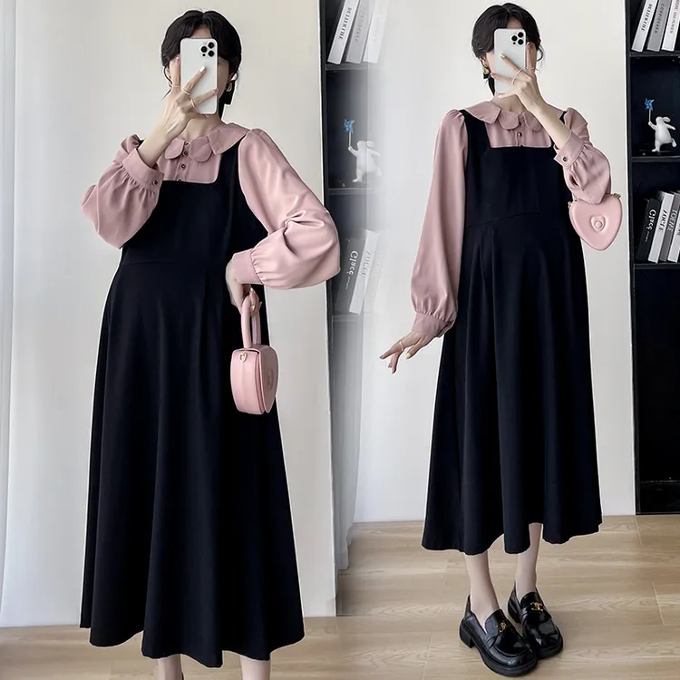 大码孕妇秋冬新款黑色假两件连衣裙春秋显瘦气质时尚孕妇连衣裙