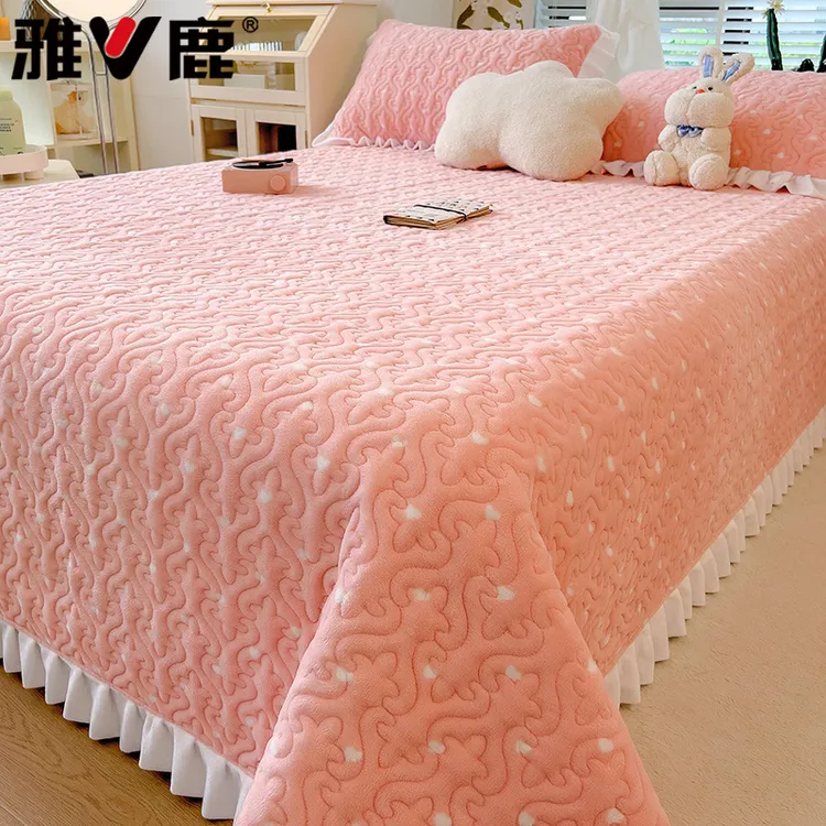 V/雅鹿牛奶绒夹棉床盖单件加绒加厚家用卧室单双人被罩大炕单新款