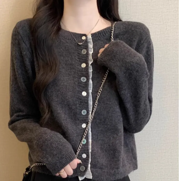 法式花边拼接针织开衫女2025年秋冬新款甜美百搭短款毛衣显瘦外套