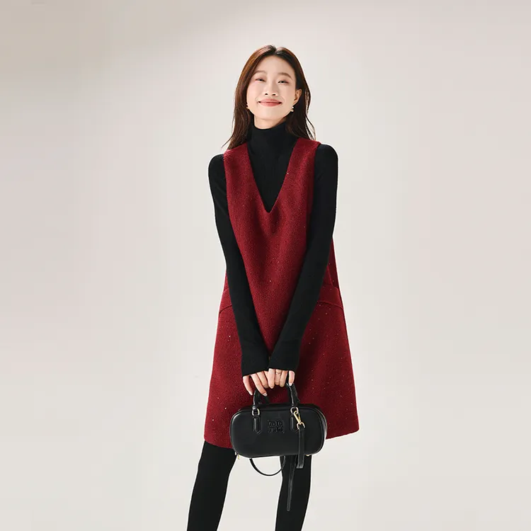 索菲丝尔小香风V领毛呢羊毛背心裙2024冬季中长款连衣裙446001