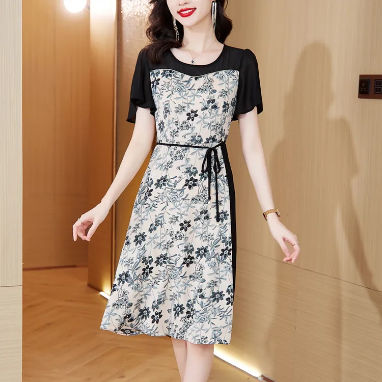 Y1894韩版复古印花拼接胖mm遮肉大码显瘦减龄拼接洋气质感连衣裙
