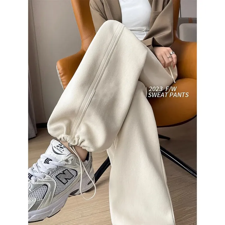 运动裤女百搭束脚两穿春秋新款高腰垂感显瘦直筒阔腿裤休闲卫裤子