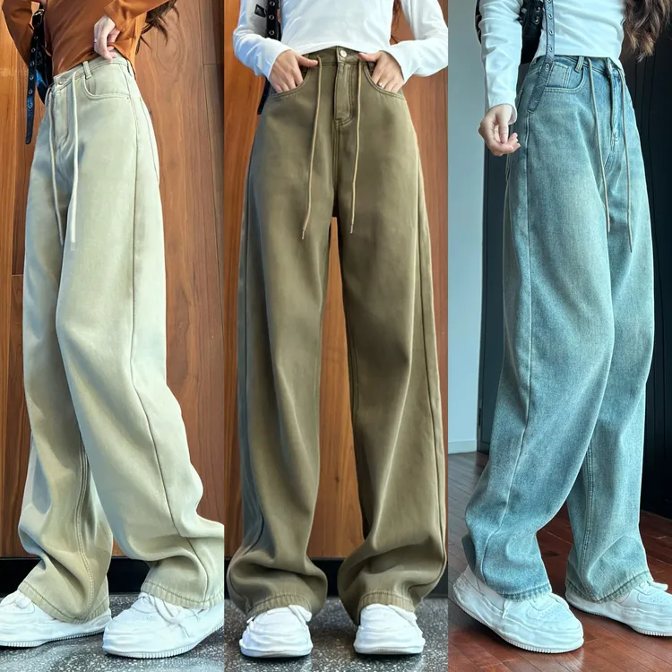 美式冬季加绒抽绳直筒裤阔腿裤女宽松显瘦百搭休闲牛仔裤牛仔长裤