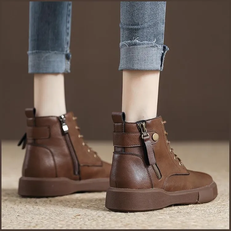 真皮复古英伦风马丁靴女2024春秋新款软底短靴加绒保暖短筒棉靴子