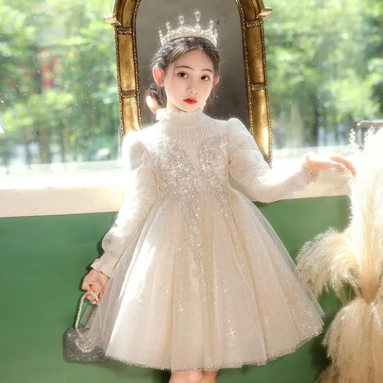 女童礼服轻奢小众钢琴演出服儿童生日公主裙主持人长袖花童裙秋冬