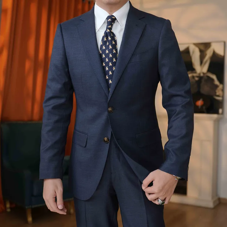 盛先绅藏青色平驳领单排扣意式商务休闲韩版西服西装男士高级感