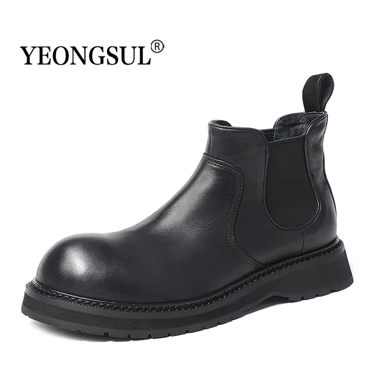 秋冬新款黑色真皮百搭户外切尔西靴时尚英伦风增高厚底马丁靴