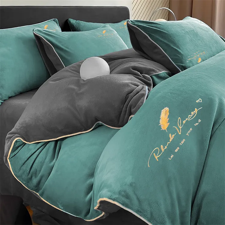 冬季水晶绒刺绣家纺四件套床上用品床加绒加厚被套学生宿舍三件套